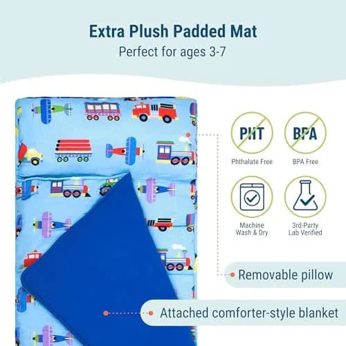 Wildkin Nap Mat with Pillow and Blanket | Preschool Rest Mat, Trains, Planes, Trucks (One Size) thumbnail 3