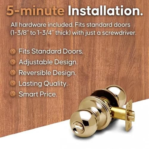 Copper Creek Privacy Interior Door Knob – ANSI Grade-3 Certified, Heavy Duty Handle, Easy Install, Reversible, Polished Brass (1 Pack) thumbnail 3