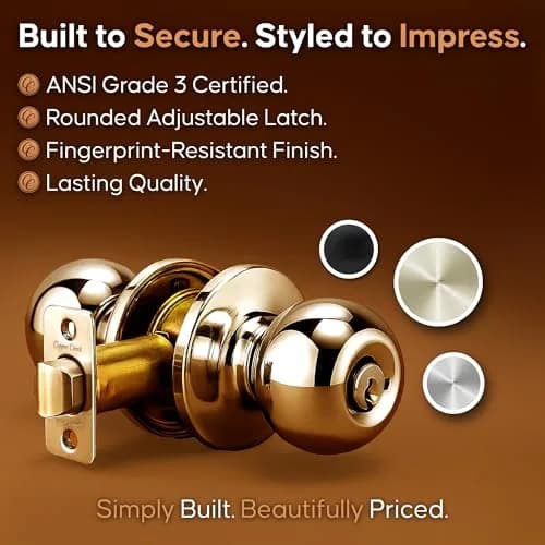 Copper Creek Entry Door Knob – Keyed Entry Handle with Lock and Key, ANSI Grade-3 Certified, DIY-Friendly Install for Interior and Exterior Doors – Polished Brass (1 Pack) thumbnail 5