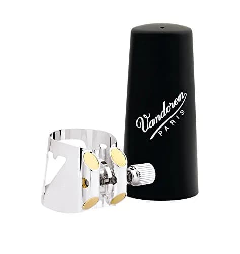 Vandoren Optimum Ligature and Plastic Cap for Eb Clarinet Silver Plated with 3 Interchangeable Pressure Plates | Quick Tightening & Freedom of Expression thumbnail 1