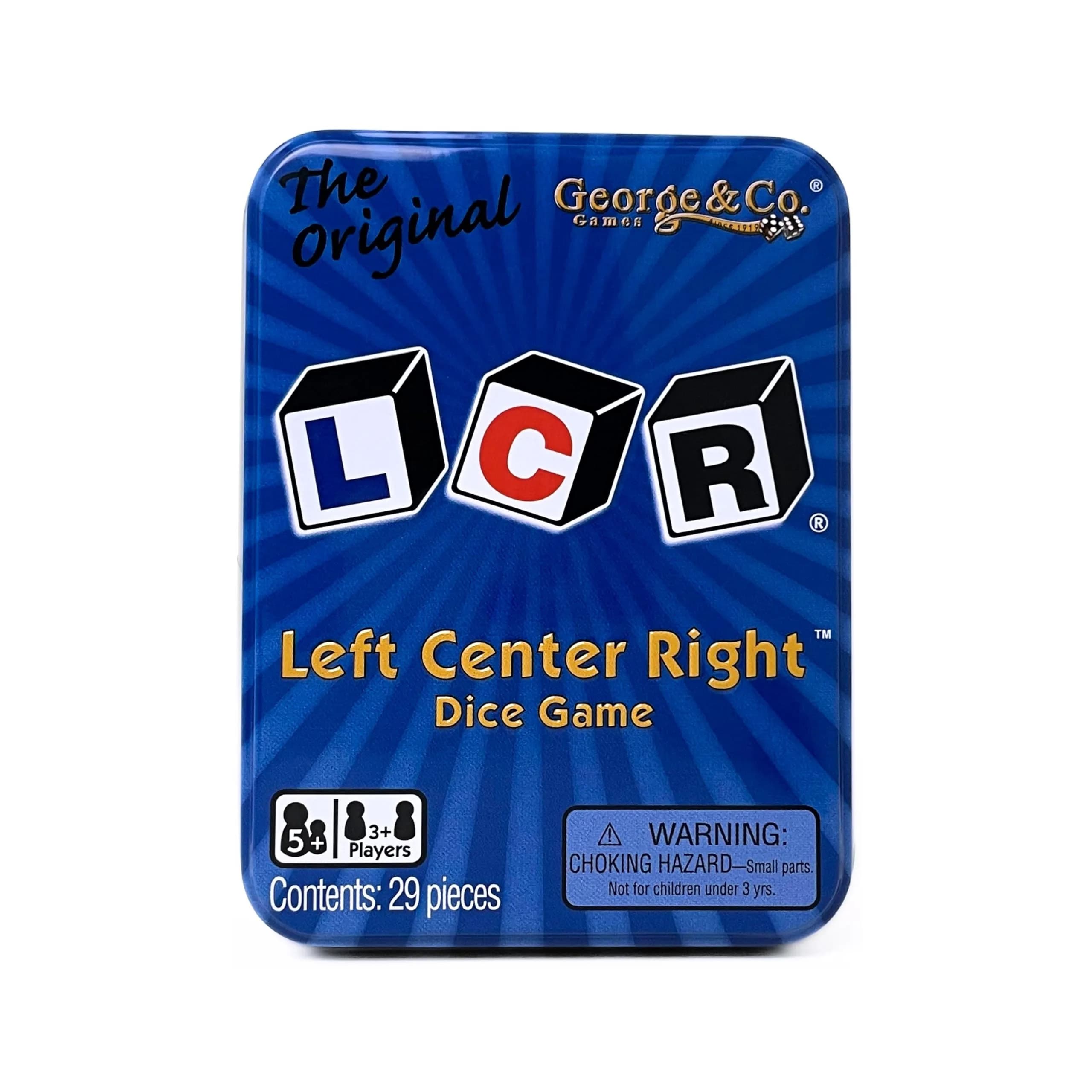 George & Company LLC LCR® Left Center Right™ Dice Game - Blue Tin | Classic Luck Game for 3+ Players - main product image