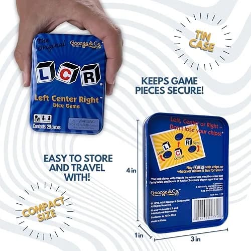 George & Company LLC LCR® Left Center Right™ Dice Game - Blue Tin | Classic Luck Game for 3+ Players thumbnail 4