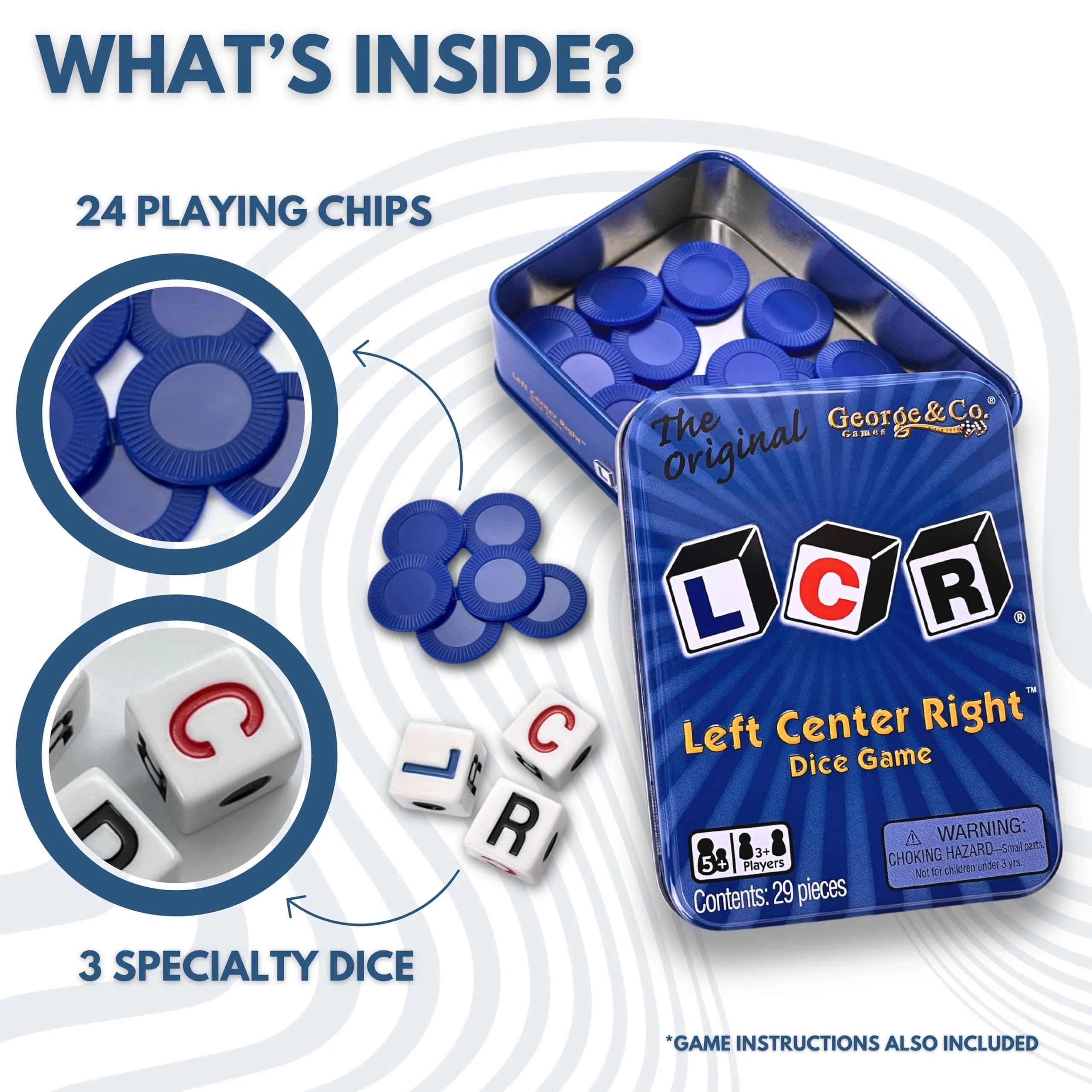 George & Company LLC LCR® Left Center Right™ Dice Game - Blue Tin | Classic Luck Game for 3+ Players - view 2