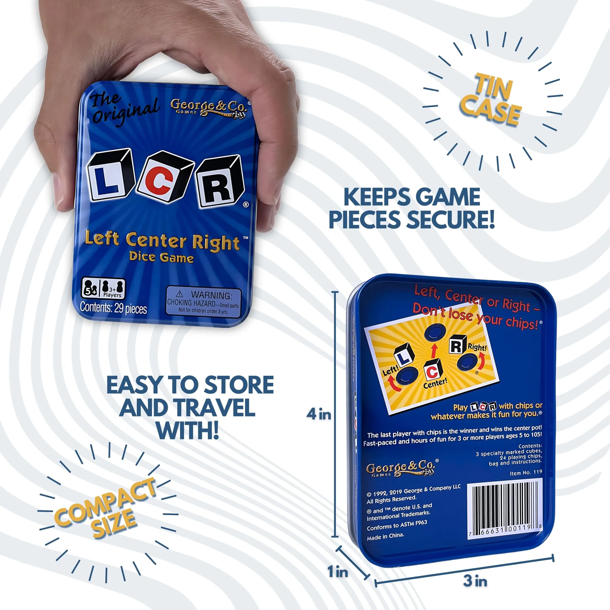 George & Company LLC LCR® Left Center Right™ Dice Game - Blue Tin | Classic Luck Game for 3+ Players - view 4