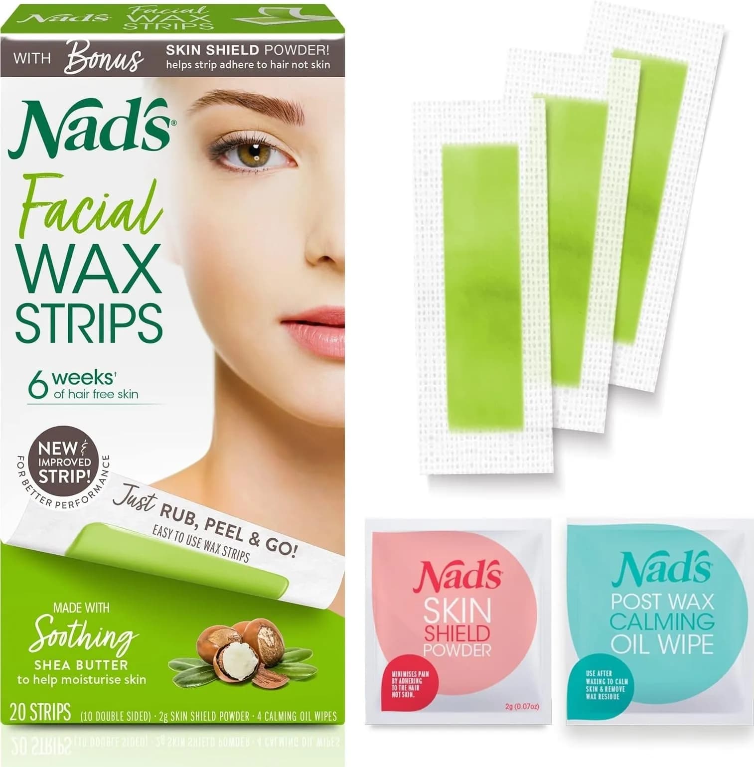 Nad's Hypoallergenic Facial Wax Strips for Women | 20 Strips + 4 Calming Wipes