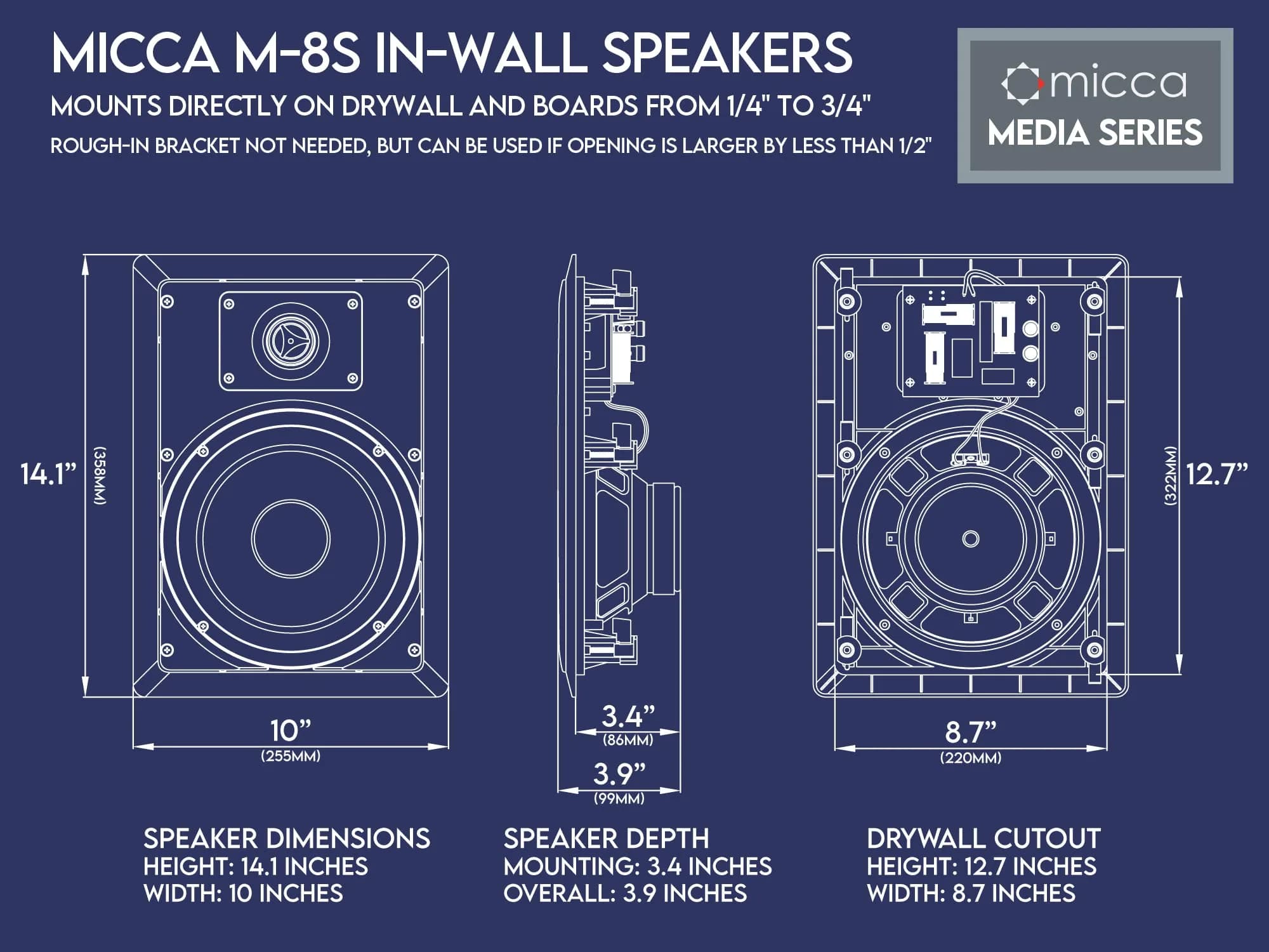 Micca M-8S 8-Inch 2-Way In-Wall/Ceiling Speaker, Each, Paintable, White | 20.3cm (8") Woofer, 2.5cm (1") Pivoting Silk Dome Tweeter - view 6