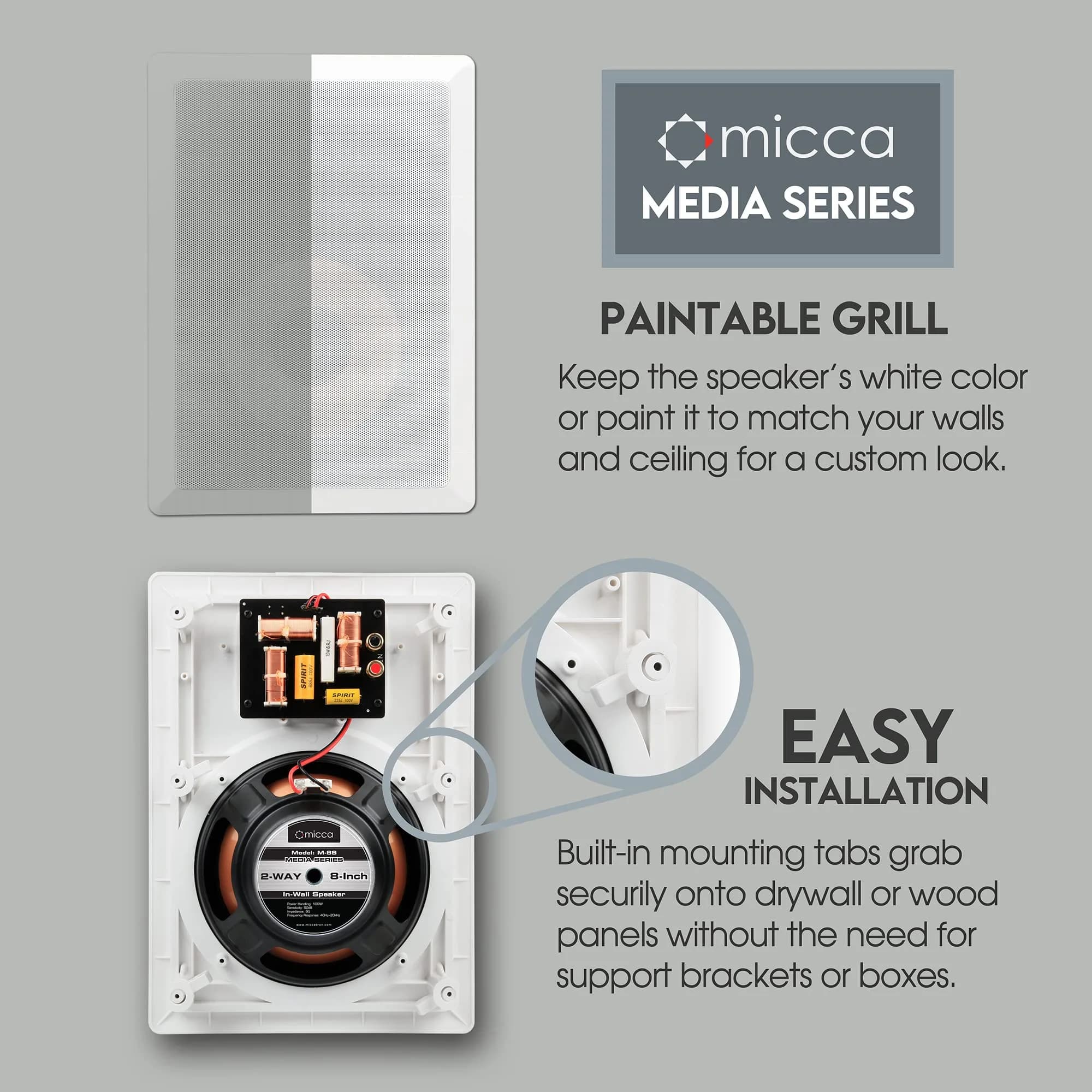 Micca M-8S 8-Inch 2-Way In-Wall/Ceiling Speaker, Each, Paintable, White | 20.3cm (8") Woofer, 2.5cm (1") Pivoting Silk Dome Tweeter - view 3