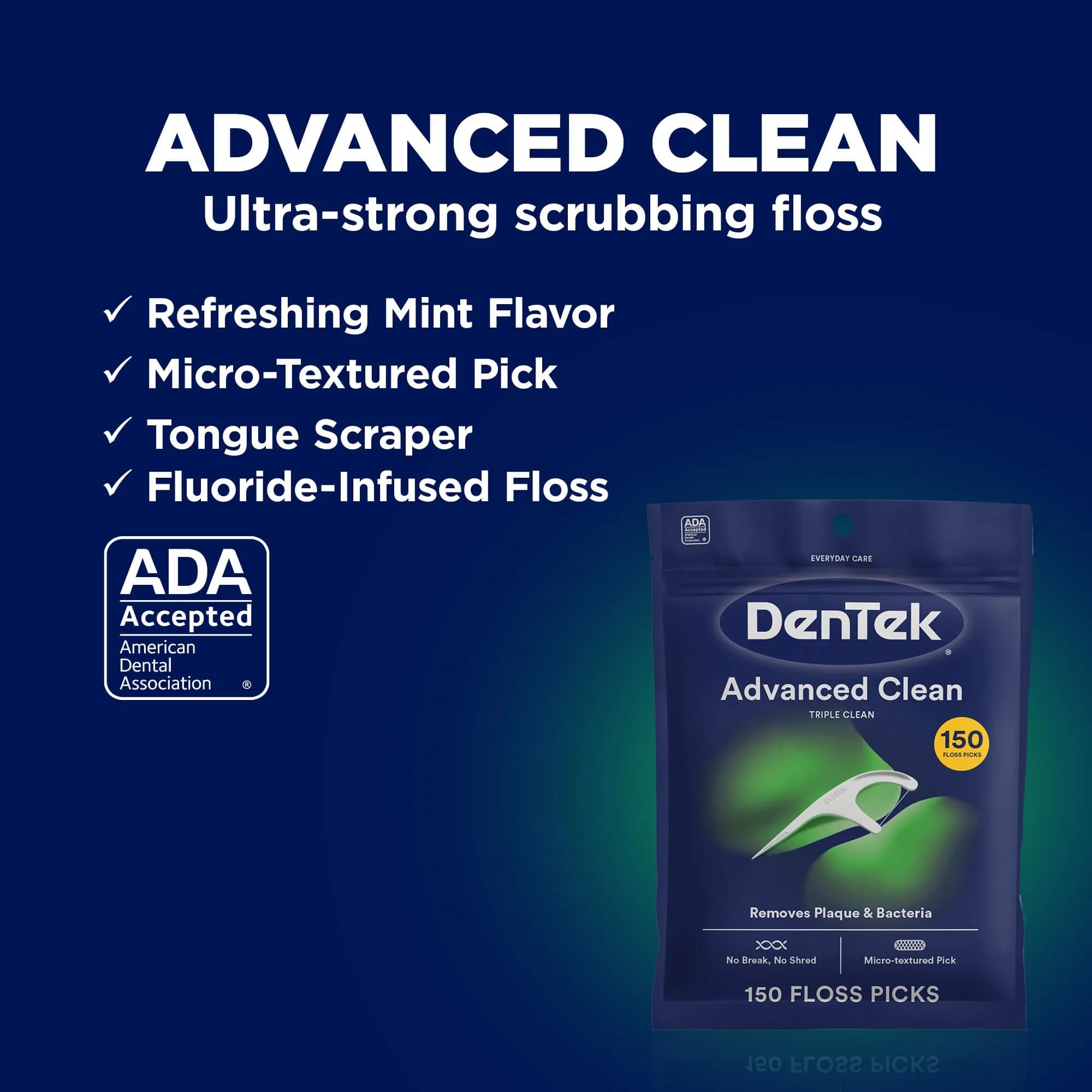 DenTek Triple Clean Advanced Clean Floss Picks 150 Count | Mouthwash Blast Mint Flavor - view 2