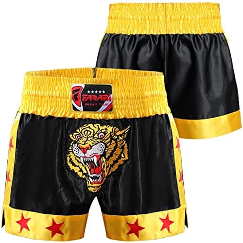 Farabi Sports Muay Thai Shorts Men Women Cage Fighting MMA Kickboxing Training (Large, Black/Gold, US) thumbnail 6