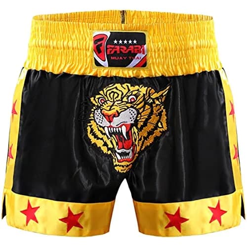 Farabi Sports Muay Thai Shorts Men Women Cage Fighting MMA Grappling Kickboxing Training Exercise Fitness Running Shorts (US, Medium, Regular, Black/Gold) thumbnail 1