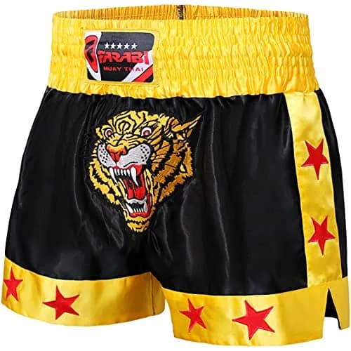 Farabi Sports Muay Thai Shorts Men Women Cage Fighting MMA Grappling Kickboxing Training Exercise Fitness Running Shorts (US, Medium, Regular, Black/Gold) thumbnail 4