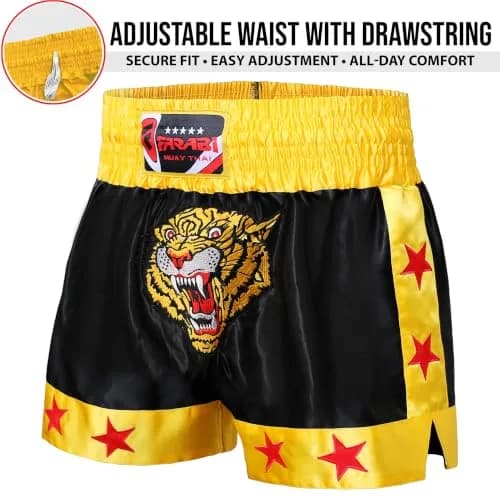 Farabi Sports Muay Thai Shorts Men Women Cage Fighting MMA Grappling Kickboxing Training Exercise Fitness Running Shorts (US, Medium, Regular, Black/Gold) thumbnail 3