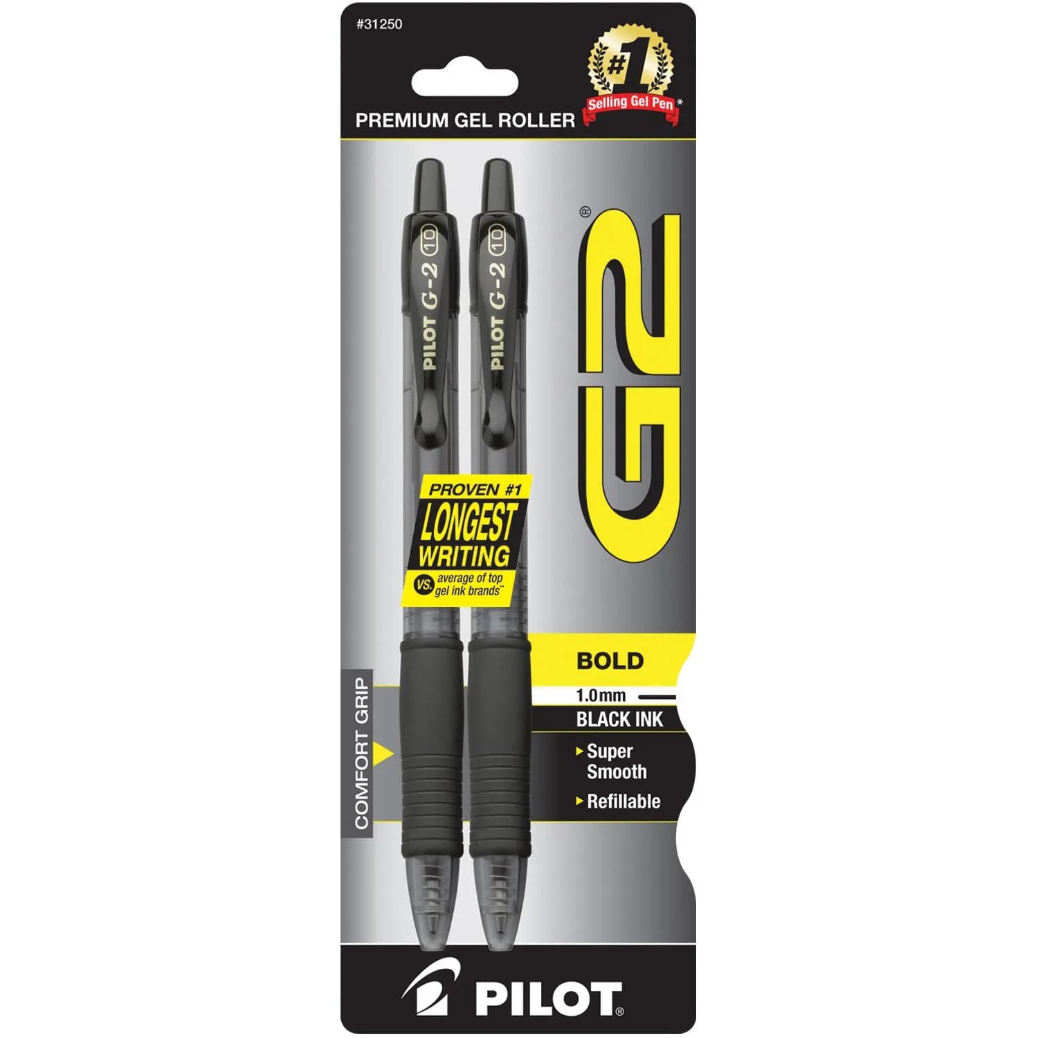 PILOT G2 Premium Refillable & Retractable Rolling Ball Gel Pens, Bold Point, Black Ink, 2-Pack | Smooth Writing Instrument - main product image