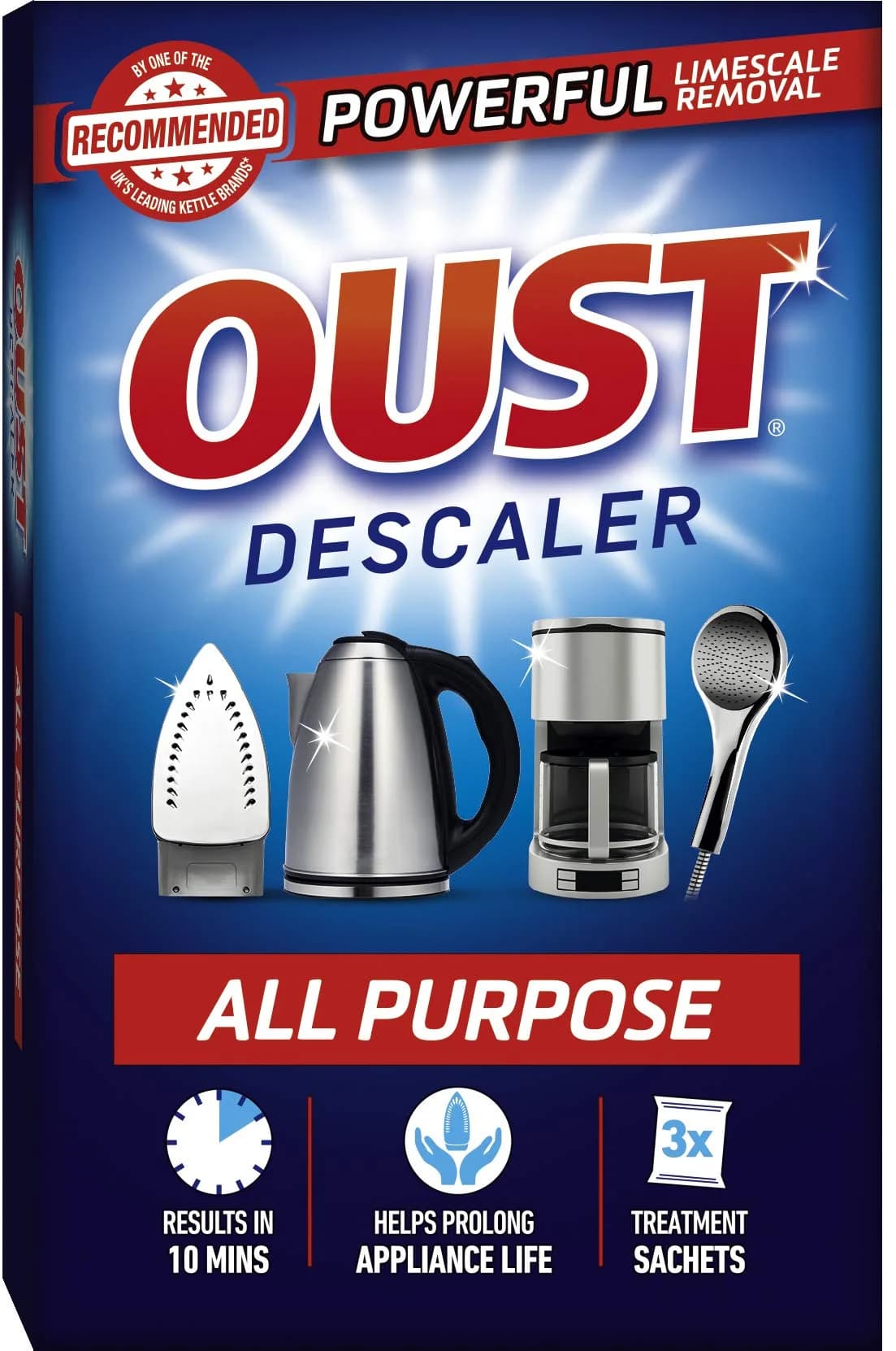 Oust All Purpose Descaler 75g | Lime Scale Removal for Coffee & Kettles, 3 Sachets — blue