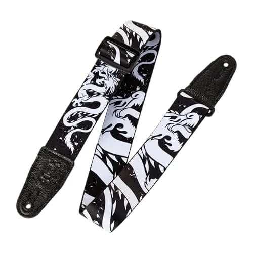 Levy's Black & White Dragon Polyester Guitar Strap 15.3 cm (6") | Genuine Leather Ends & Adjustable 152 cm (60") thumbnail 1