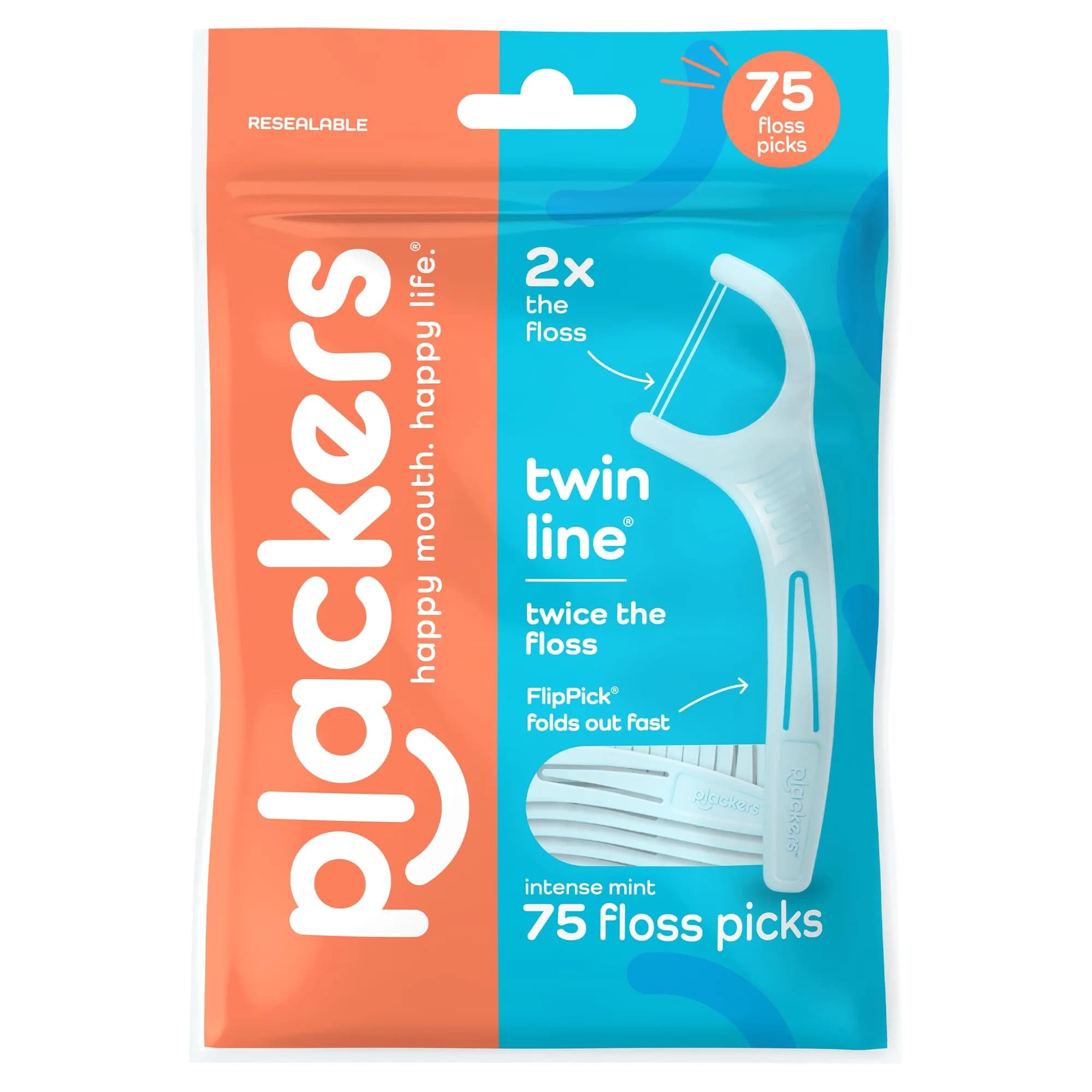 Plackers Twin Line Floss Picks, Intense Mint, 75 Count | Double Floss Surface, Mint Flavor, On-the-Go Oral Care — Dental Flossers