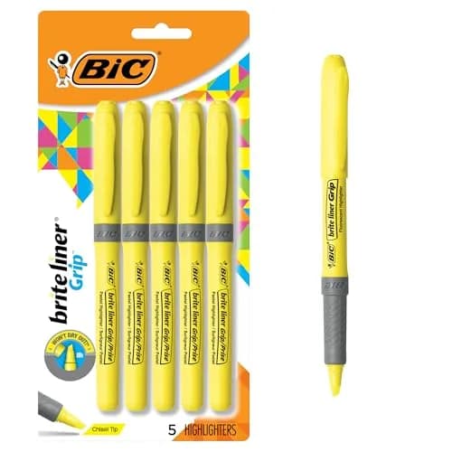 BIC Brite Liner Grip Highlighters, Chisel Tip, 5-Count Pack, Yellow | Long-Lasting, Safe & Reliable Office Supplies thumbnail 1