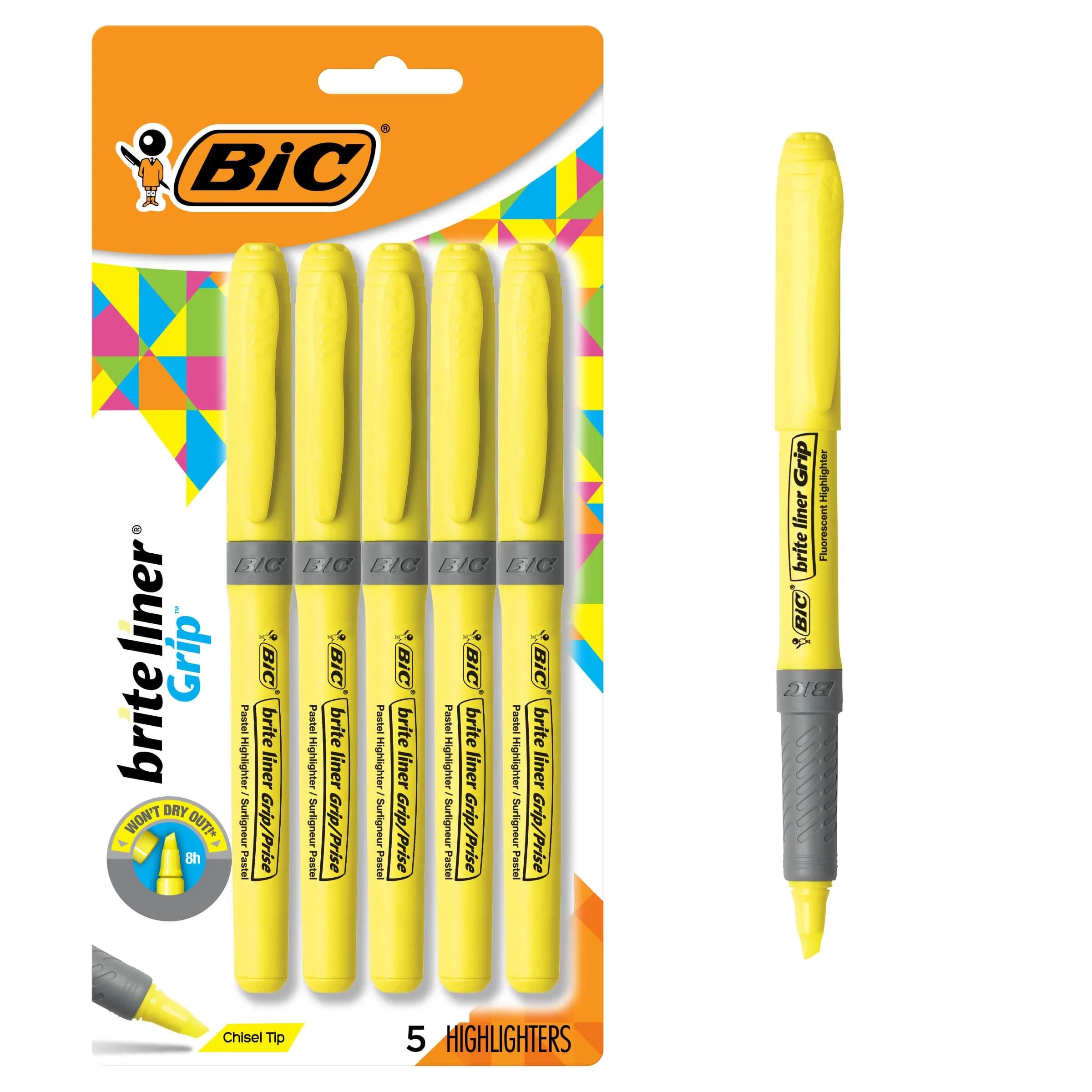 BIC Brite Liner Grip Highlighters, Chisel Tip, 5-Count Pack, Yellow | Long-Lasting, Safe & Reliable Office Supplies