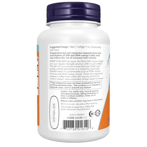 NOW DHA-500 with 250 EPA, Molecularly Distilled | Enteric Coated Fish Oil Softgels for Heart & Brain (90 Count) thumbnail 3