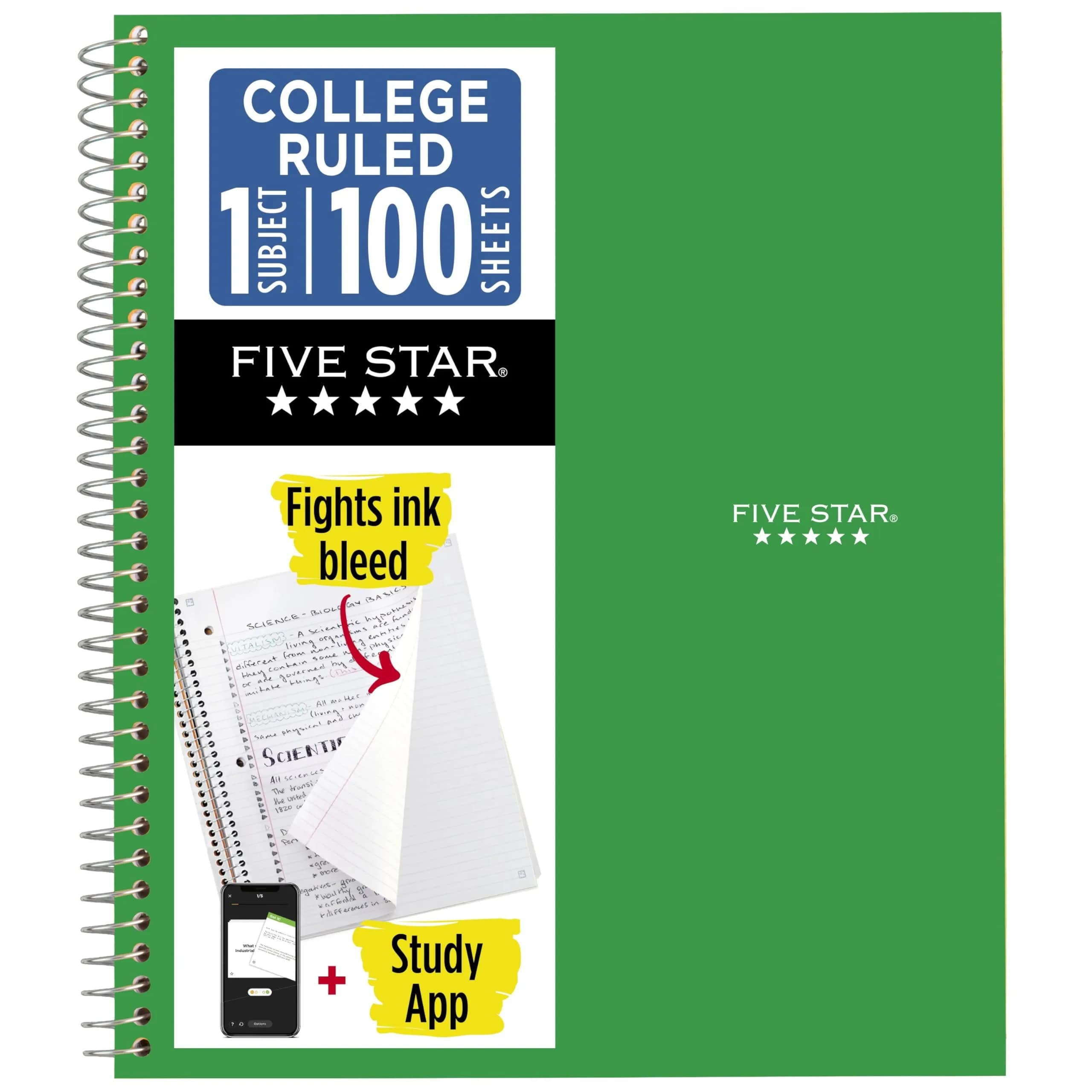 Five Star Spiral Notebook 1 Subject 100 Sheets 8.5" x 11" Forest Green | College Ruled Paper for Students - main product image