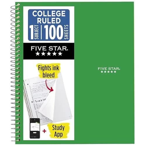 Five Star Spiral Notebook 1 Subject 100 Sheets 8.5" x 11" Fire Red | College Ruled Paper for Students — Green
