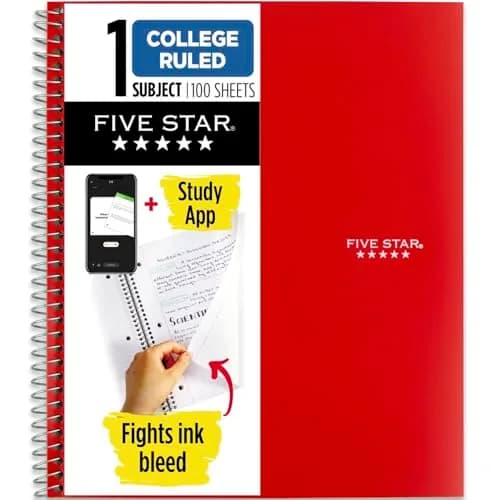 Five Star Spiral Notebook 1 Subject 100 Sheets 8.5" x 11" Fire Red | College Ruled Paper for Students - main product image