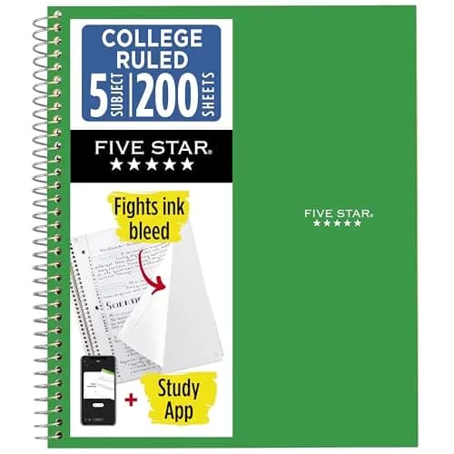 Five Star Spiral Notebook 5 Subject 200 Sheets (200 College Ruled Sheets, 8.5" x 11") | SFI Certified Paper — Green
