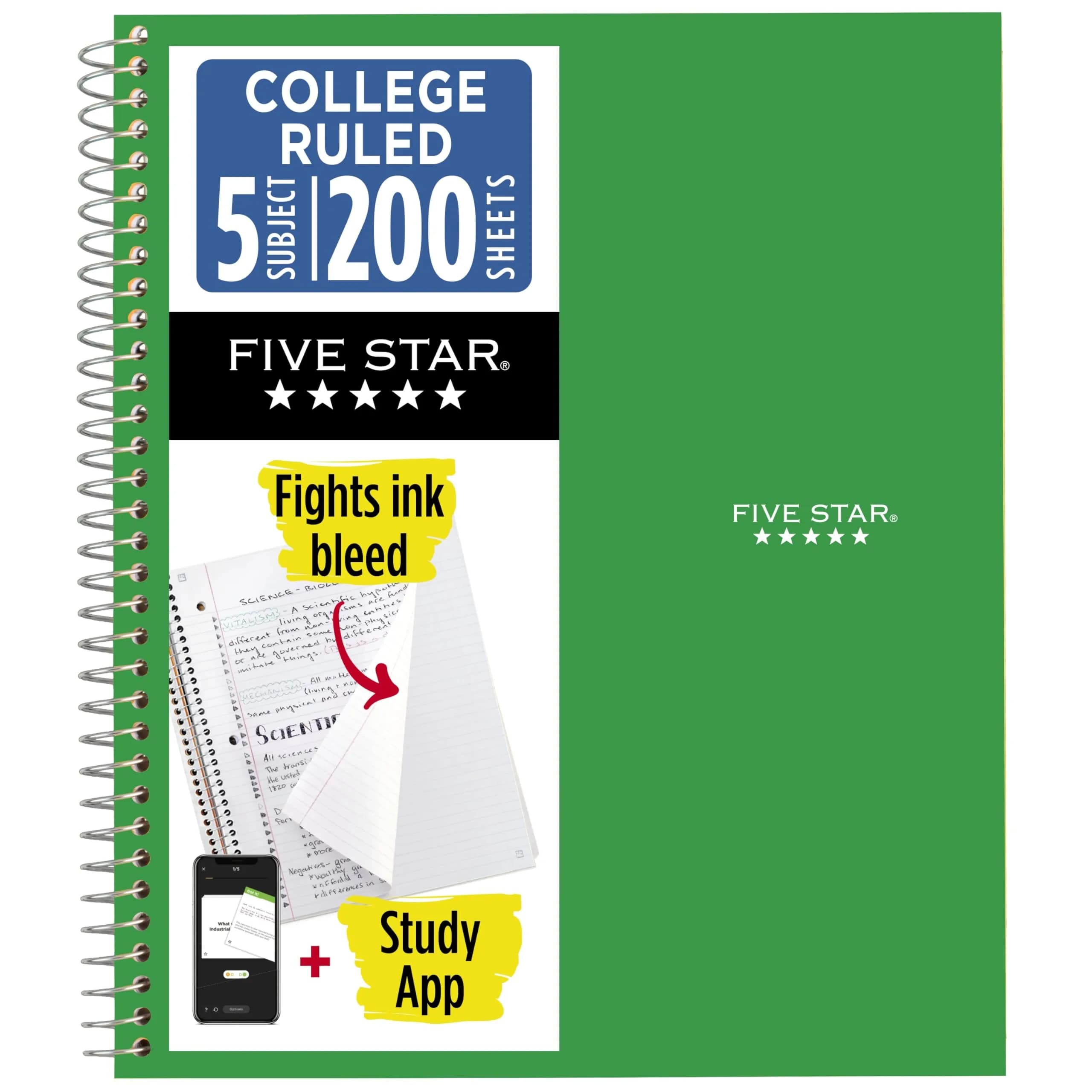 Five Star Spiral Notebook 5 Subject 200 Sheets (200 College Ruled Sheets, 8.5" x 11") | SFI Certified Paper - main product image