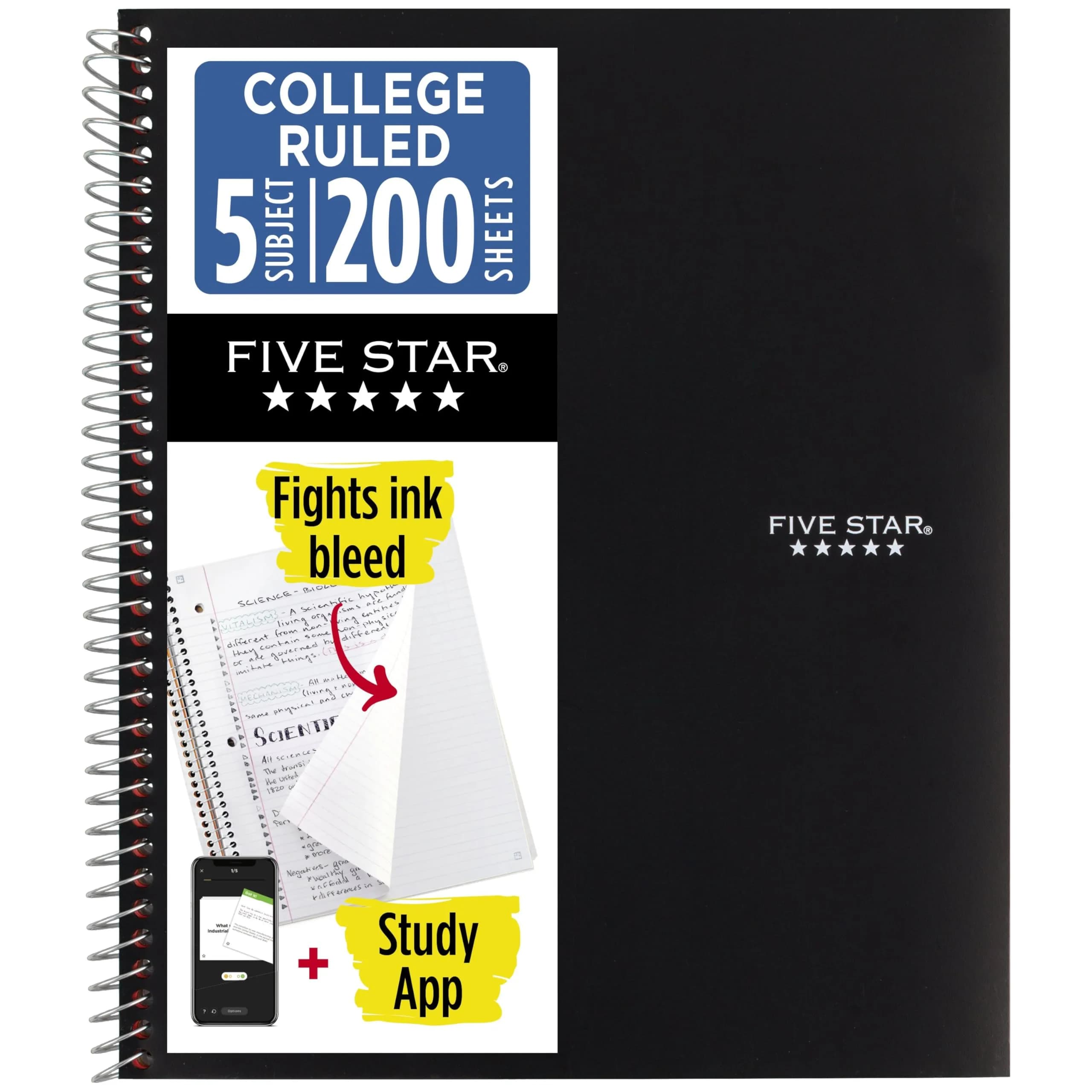 Five Star Spiral Notebook 5 Subject 200 Sheets (200 College Ruled Sheets, 8.5" x 11") | SFI Certified Paper — Black