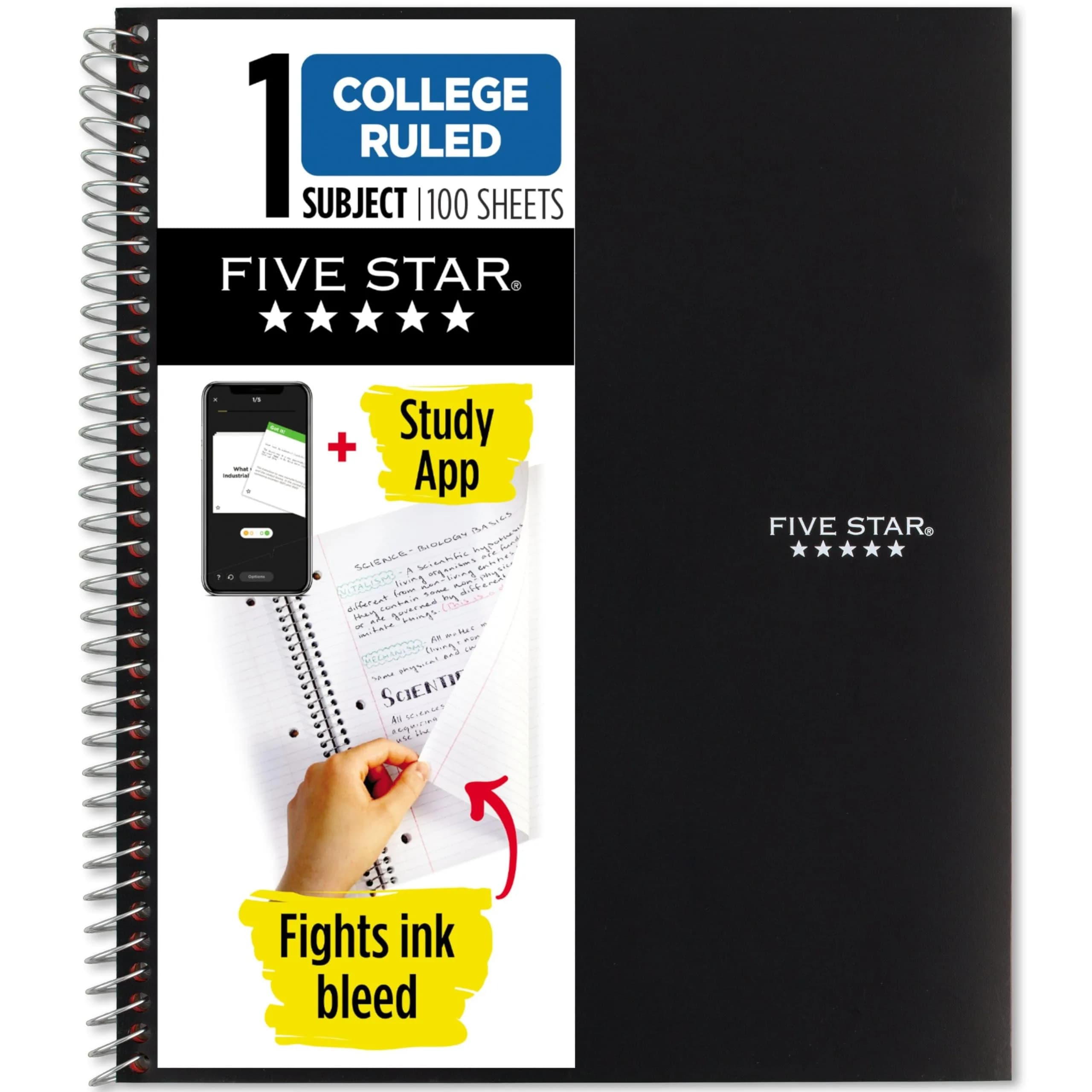 Five Star Spiral Notebook 1 Subject 100 Sheets 8.5" x 11" Fire Red | College Ruled Paper for Students — Black