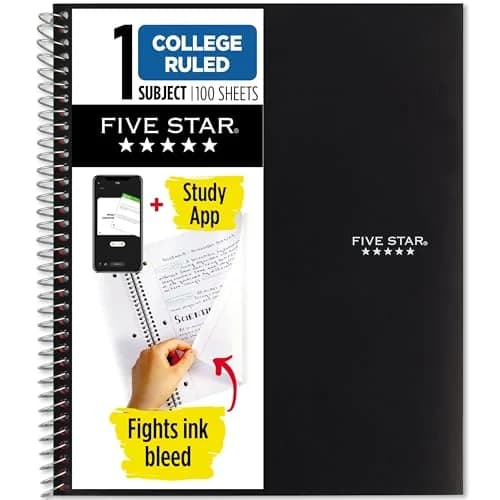 Five Star Spiral Notebook, 1 Subject, College Ruled, 100 Sheets, 200 Pages Total, Black | SFI Certified Paper & Study App Integration thumbnail 1