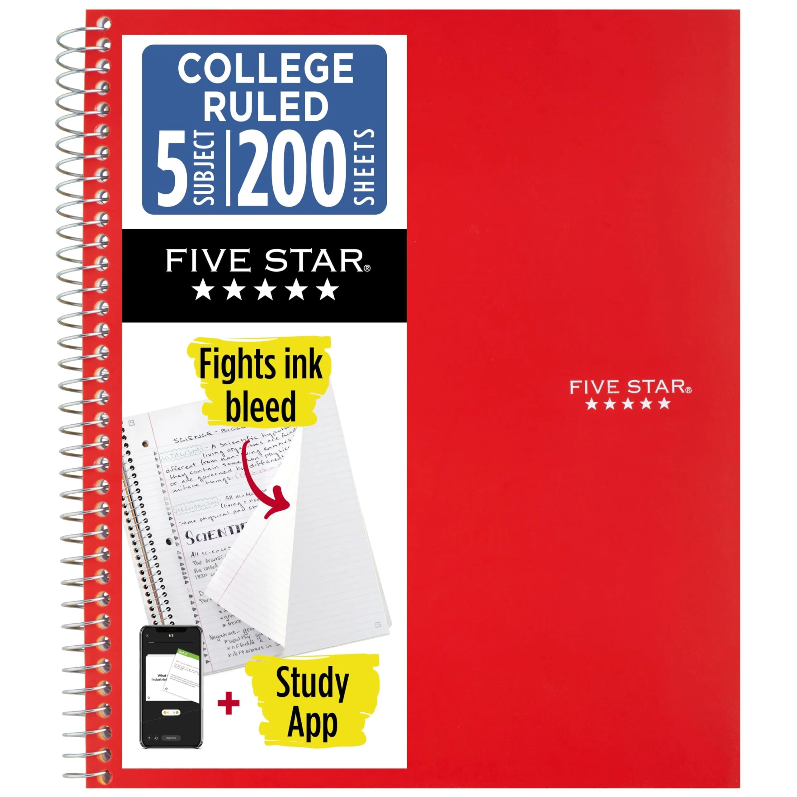Five Star Spiral Notebook 5 Subject Red 200 Sheets (8.5" x 11") | College Ruled Paper Fights Ink Bleed - main product image