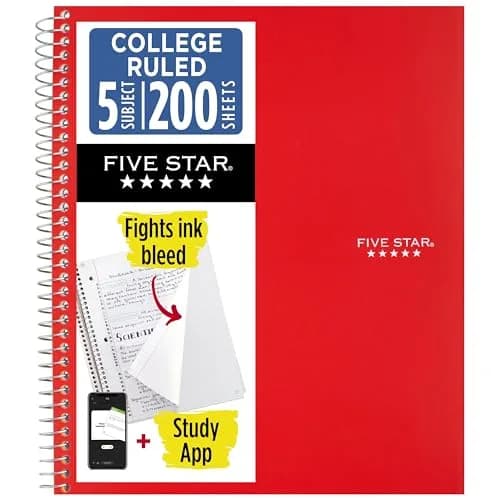 Five Star Spiral Notebook 5 Subject Red 200 Sheets (8.5" x 11") | College Ruled Paper Fights Ink Bleed thumbnail 1