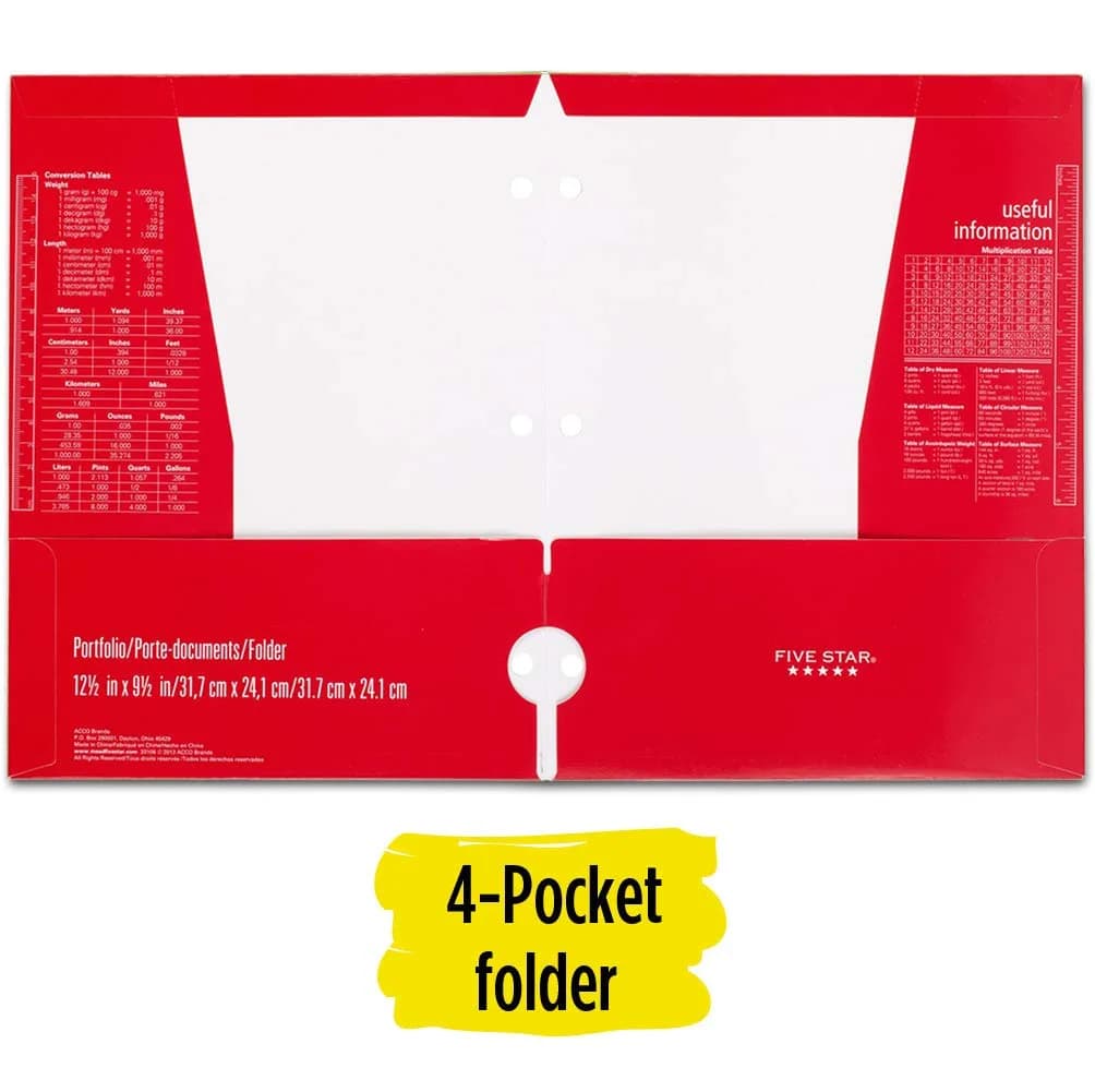 Five Star 4 Pocket Folder Red | Holds Letter Size (8.5" x 11") Sheets | 3-Hole Punched for Binders - view 2