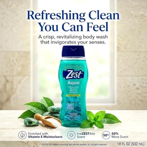Zest Body Wash, Aqua, 18 Fl Oz (2 Pack) | Aquatic Scent, Gentle Hydration, Unisex thumbnail 9