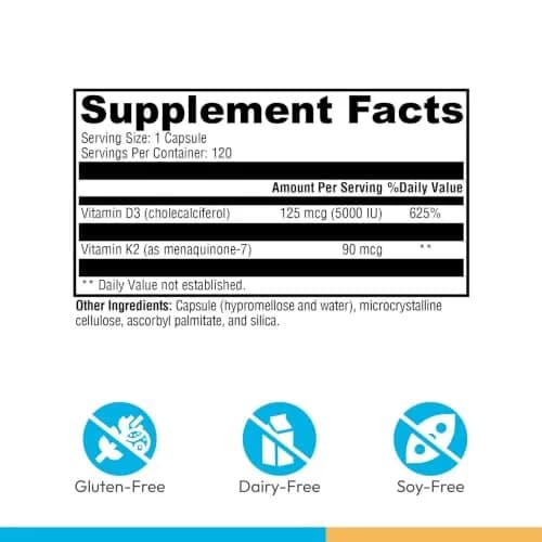 XYMOGEN K2-D3 5000 | Vitamin D3 K2 for Bone & Heart Health, 120 Capsules thumbnail 2