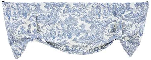 Ellis Curtain Victoria Park Toile Tie-Up Valence Window Curtain, Blue 152cm (60"W) x 61cm (24"L) | Light-Filtering Cotton Fabric thumbnail 1