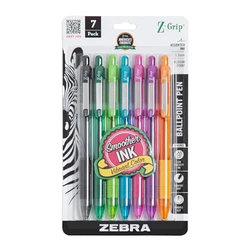 Zebra Pen Z-Grip Retractable Ballpoint Pens, Assorted Fashion Ink, 1.0mm Medium Point, 7-Pack | Smooth Writing for Students & Professionals thumbnail 1