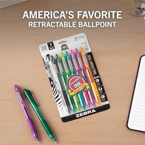 Zebra Pen Z-Grip Retractable Ballpoint Pens, Assorted Fashion Ink, 1.0mm Medium Point, 7-Pack | Smooth Writing for Students & Professionals thumbnail 2