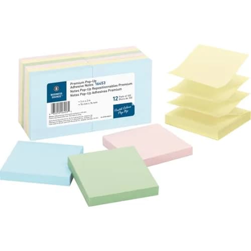 Business Source Reposition Pop-up Adhesive Notes 16.1cm (6") x 8.1cm (2.7") | 12 Pack Pastel Assorted thumbnail 1