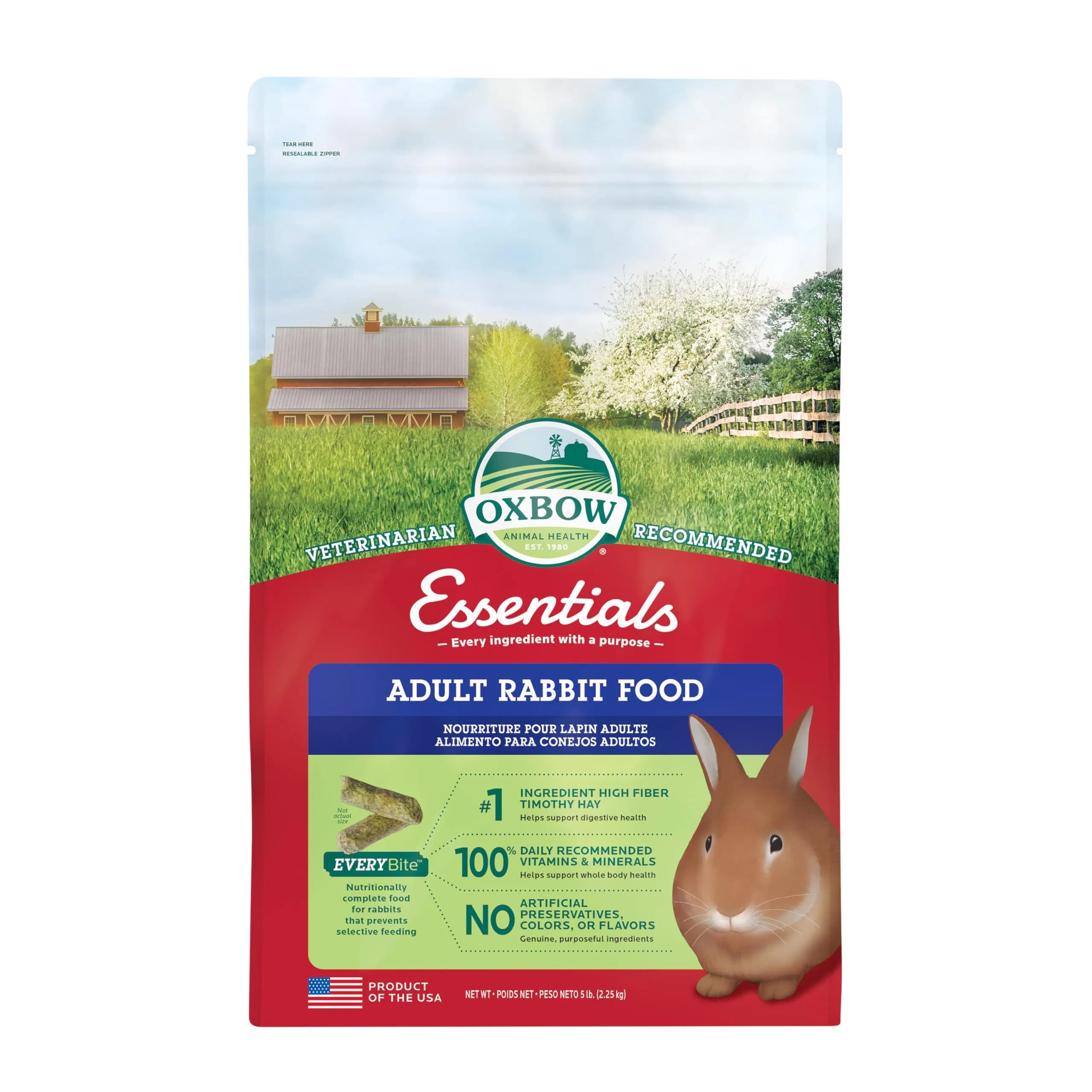 Oxbow Essentials Adult Rabbit Food with Timothy Hay Pellets 2.27 kg (5 lb) | Complete Nutrition for Adult Rabbits - main product image