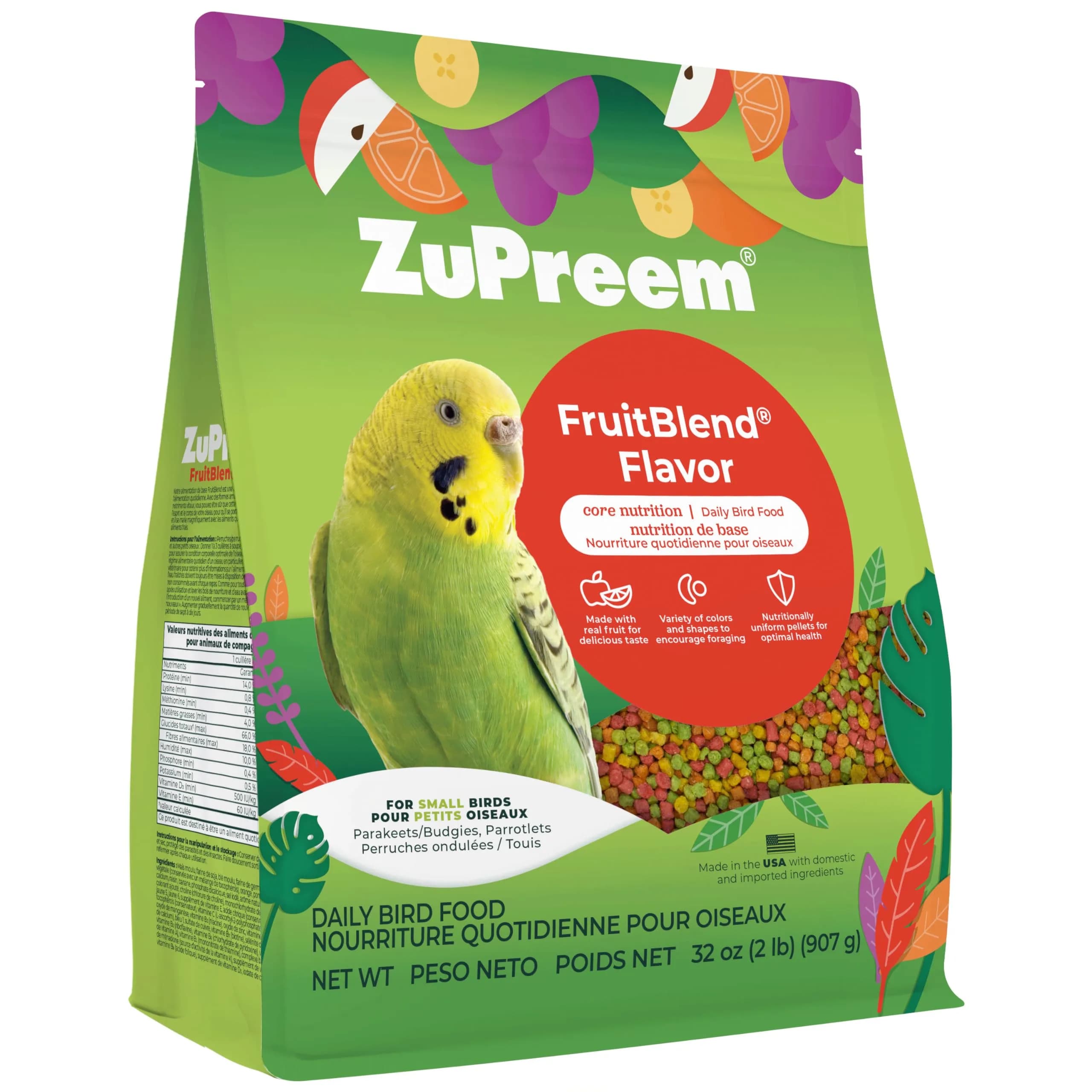 ZuPreem FruitBlend Parakeet & Budgie Food 907g (2 lb) | Complete Daily Nutrition for Small Birds