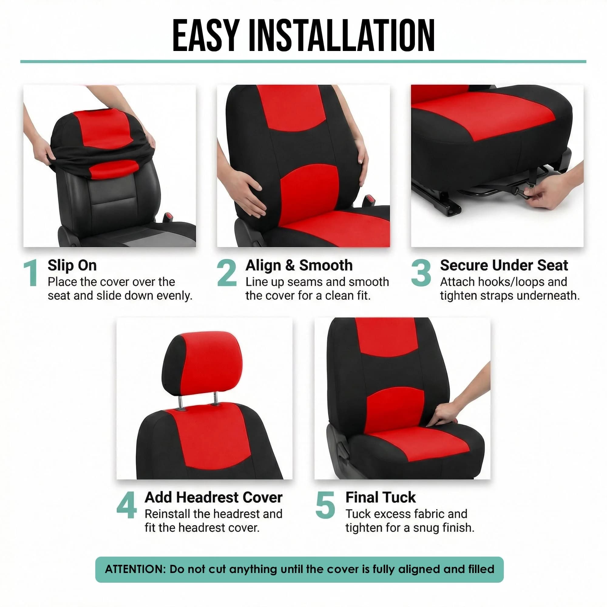 FH Group Red Cloth Car Seat Covers Full Set - Universal Fit Automotive Seat Covers with Removable Headrest Compatibility | 2 Front, 1 Rear Bench, 4 Headrest Covers - view 7