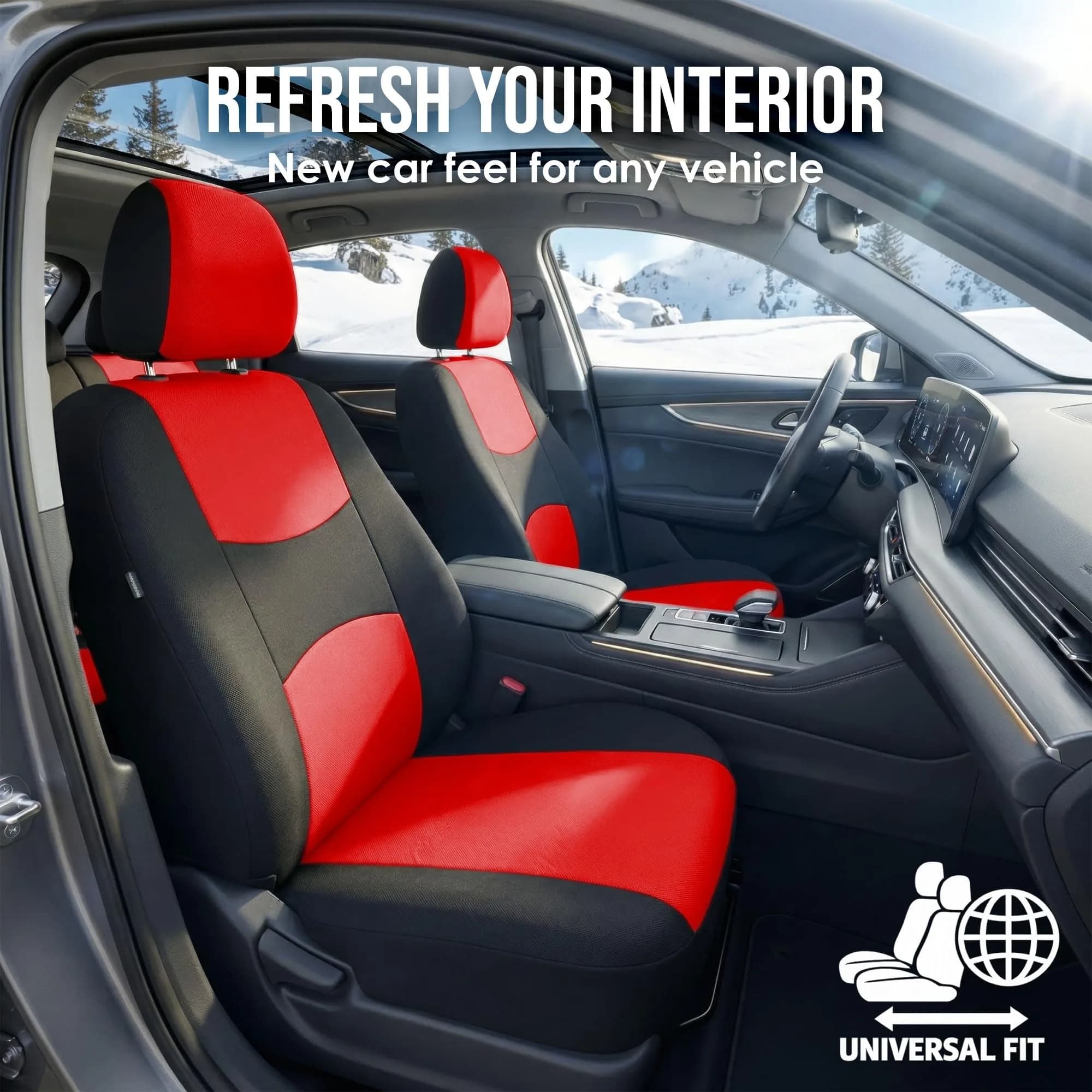 FH Group Red Cloth Car Seat Covers Full Set - Universal Fit Automotive Seat Covers with Removable Headrest Compatibility | 2 Front, 1 Rear Bench, 4 Headrest Covers - view 2