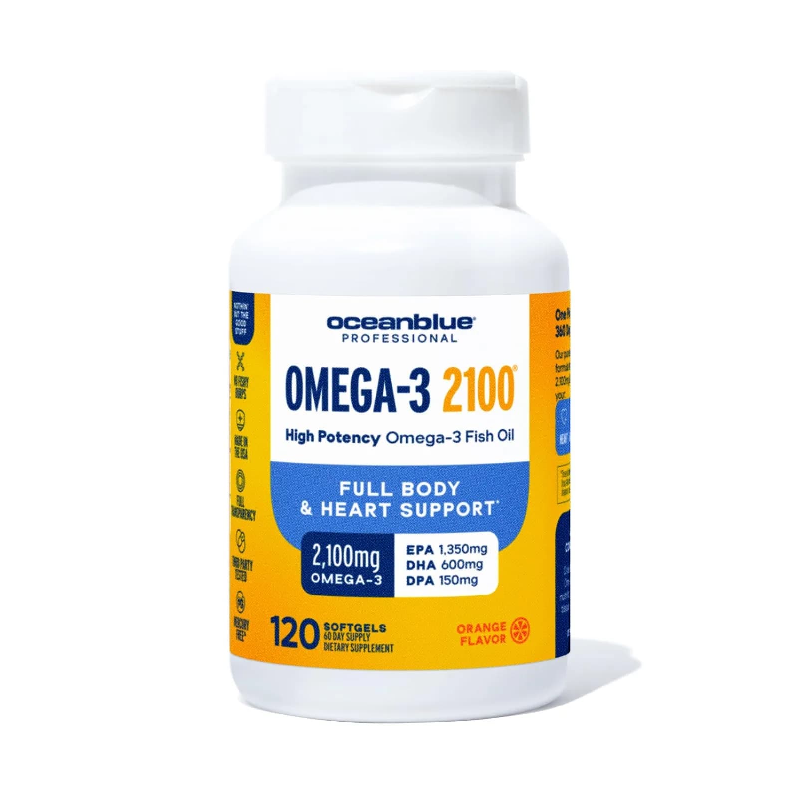 Oceanblue Professional Omega-3 2100 Softgels | 120 Count, High Potency, Omega-3 Fish Oil Supplement — Natural Orange