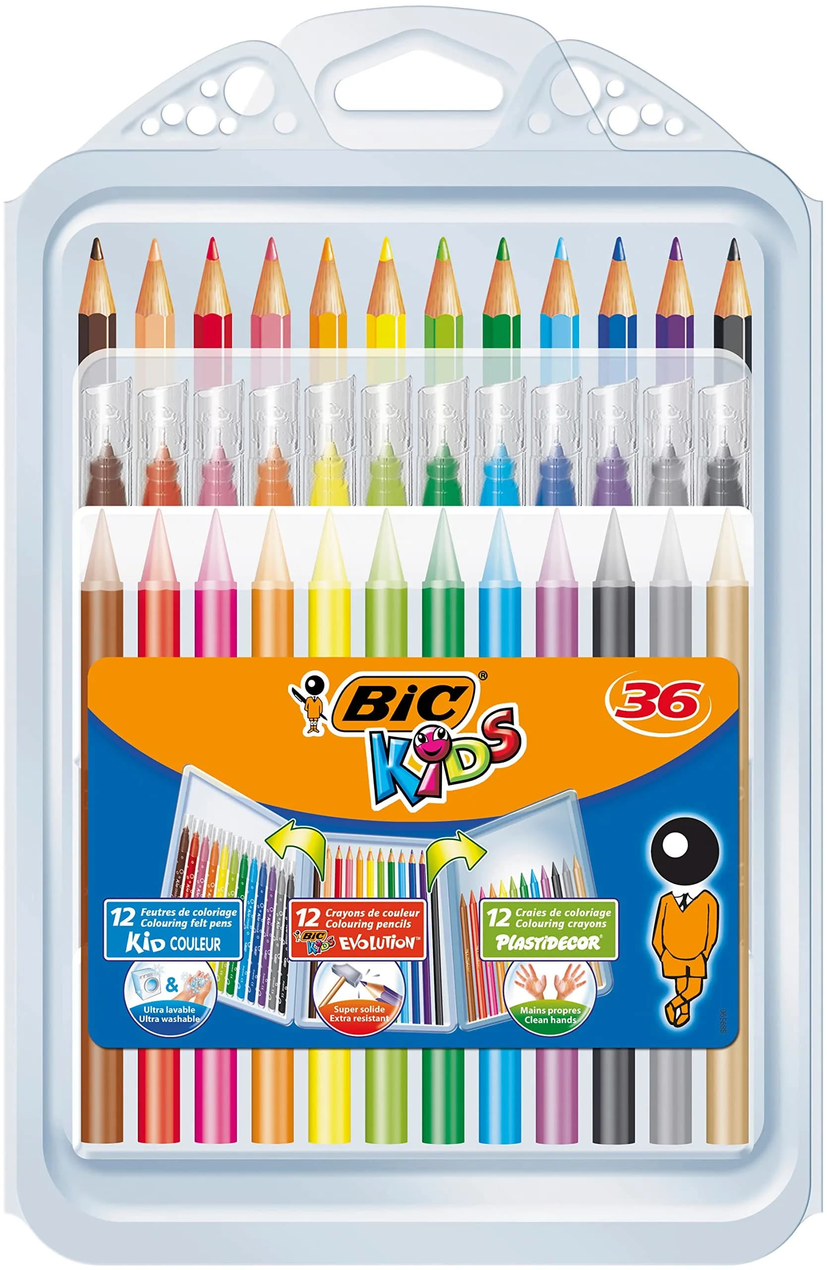BIC Kids Colouring Kit for Children - 8 Felt-Tip Pens / 8 Coloured Pencils / 12 Chalks | Creative & Safe for Kids — multi-coloured