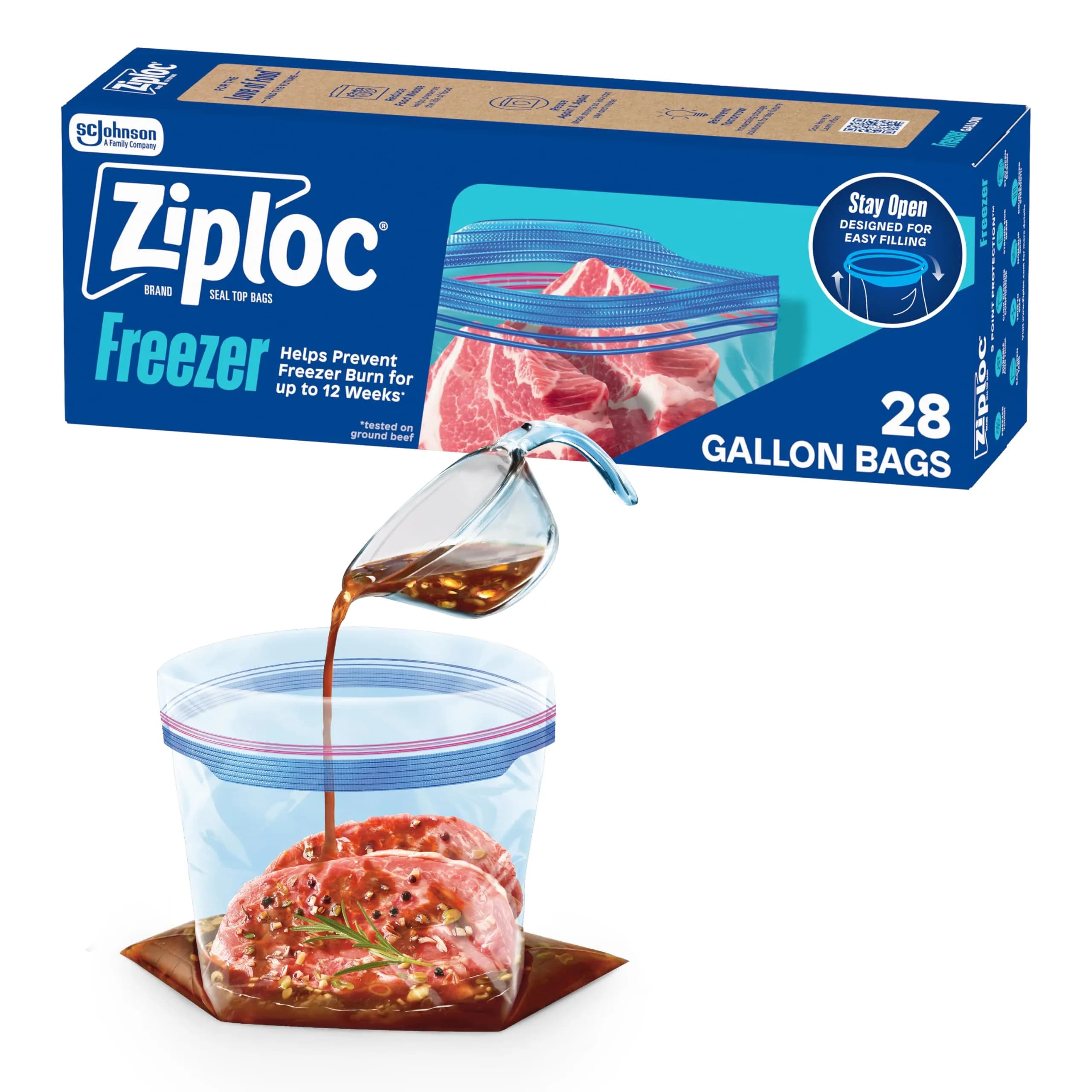 Ziploc Gallon Food Storage Freezer Bags, Stand-Up Bottom, Easy to Fill, 28 Count | Protects Food from Freezer Burn for 12 Weeks - main product image