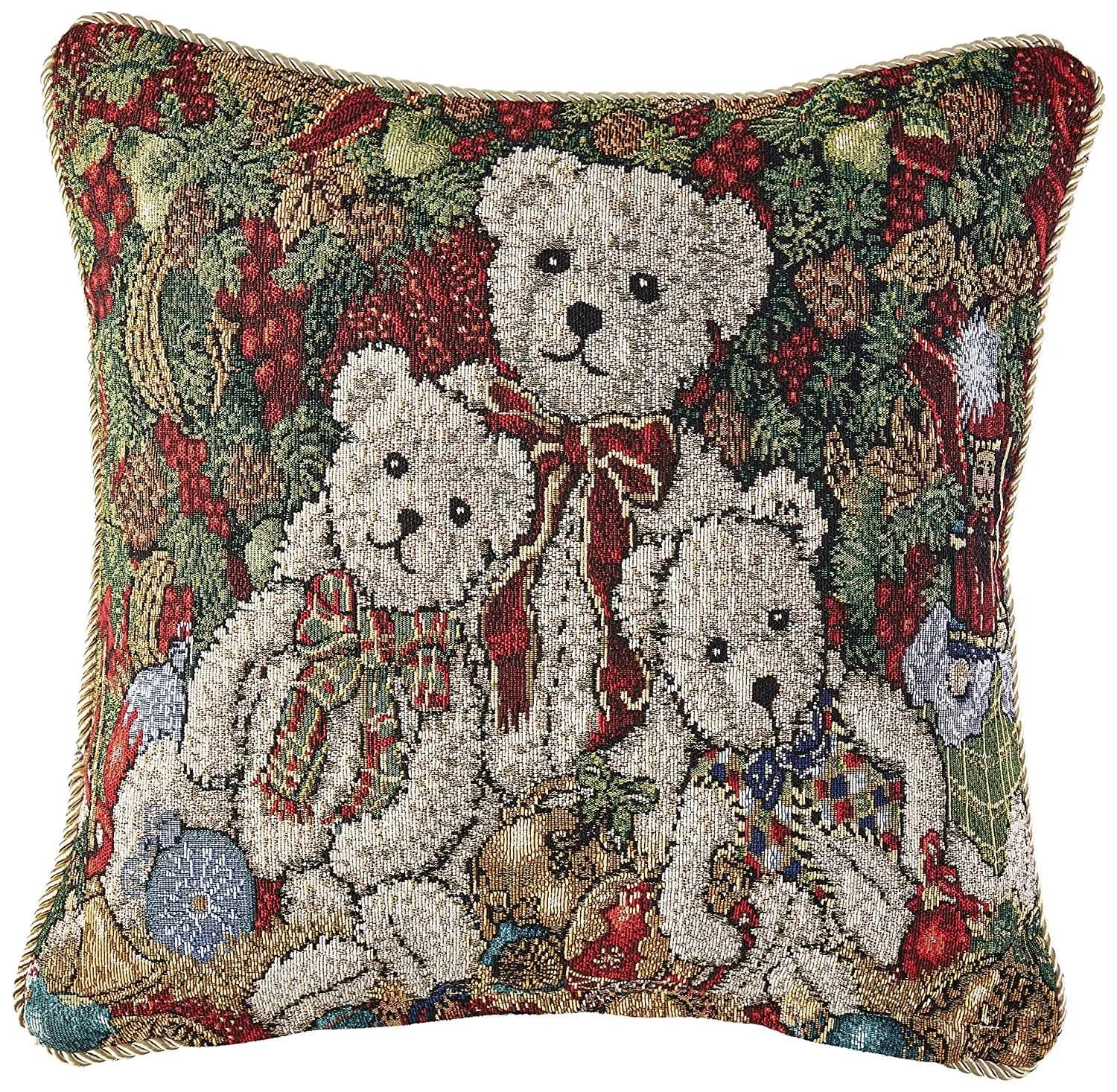 Violet Linen Decorative Christmas Teddy Bears Design Tapestry, 18" x 18" Cushion Cover | Festive Holiday Home Decor