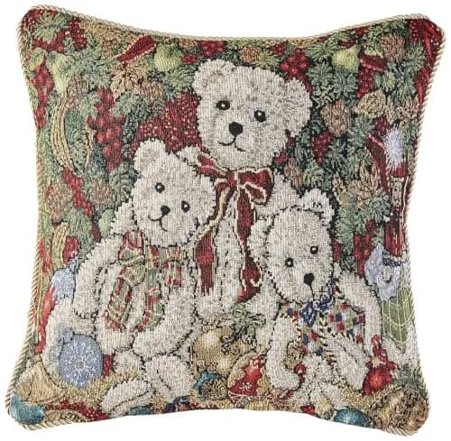 Violet Linen Decorative Christmas Teddy Bears Design Tapestry, 18" x 18" Cushion Cover | Festive Holiday Home Decor thumbnail 1