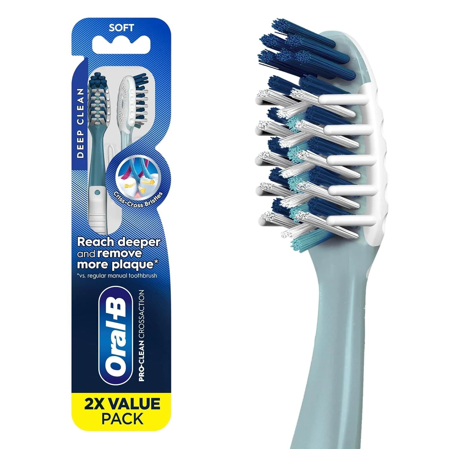 Oral-B Pro Health CrossAction Plaque Removal Toothbrushes 2 Pack | Soft Bristles Deep Reach in Tight Spaces — Blue